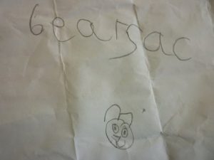 Child's pencil sketch of Bearsac's head