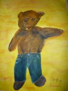 Painting of Bearsac wearing jeans