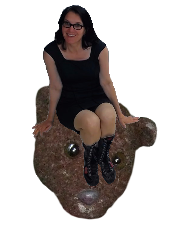 Collage image of Debra sitting on cut out of Bearsac's head.