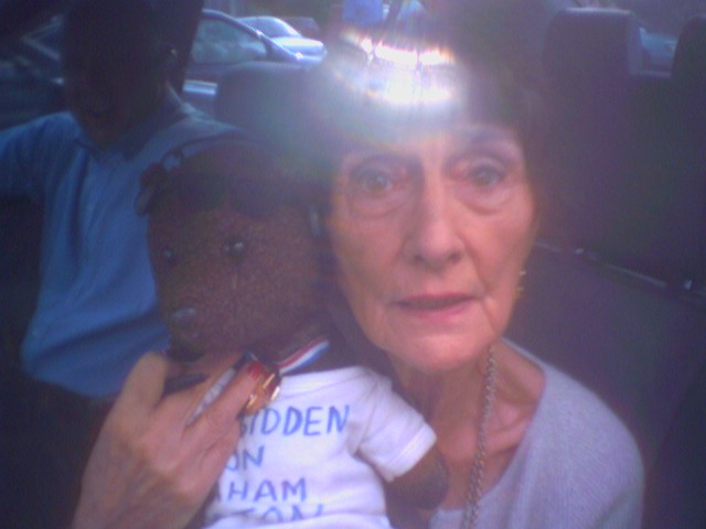 Actor June Brown holding Bearsac