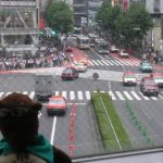 Bearsac in foreground of Shibuya crossing during drivers turn