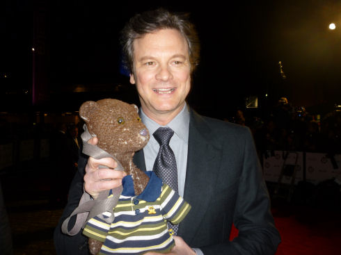 Colin Firth holding Bearsac