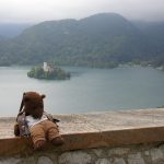Bearsac sitting a wall with Lake Bled and Church of the Assumption behind.