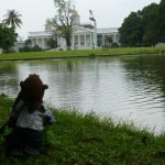 Bearsac by the pond in foreground of Bogor Palace