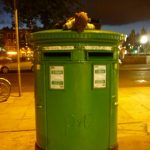 Bearsac sitting on a green Dublin postbox