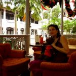 Debra and Bearsac with a Singapore Sling at Raffles Hotel
