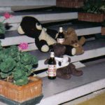 Bearsac, Choc-Ice and Rizla, with beer bottles on hotel stairs