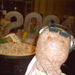 Bearsac in foreground of an ice sculpture of 2004 and a giant pudding