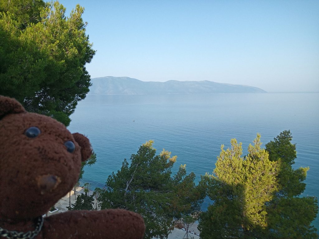 Bearsac in foreground of Albania sea scenery