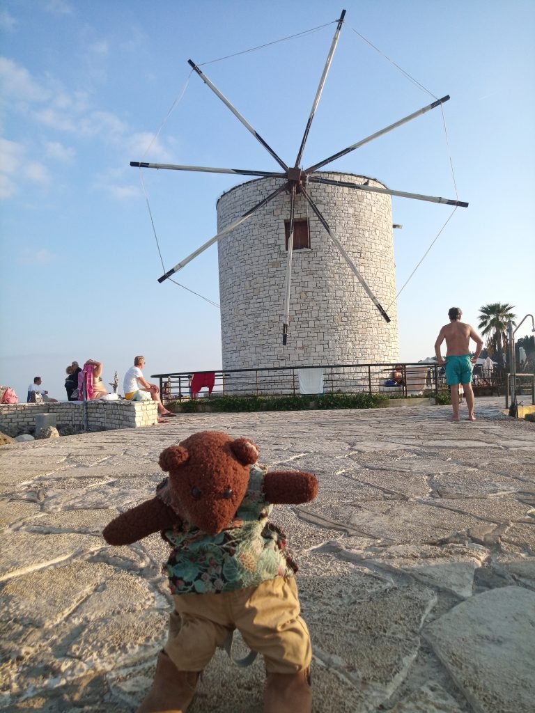 Bearsac standing on a dock in foreground of a windmill