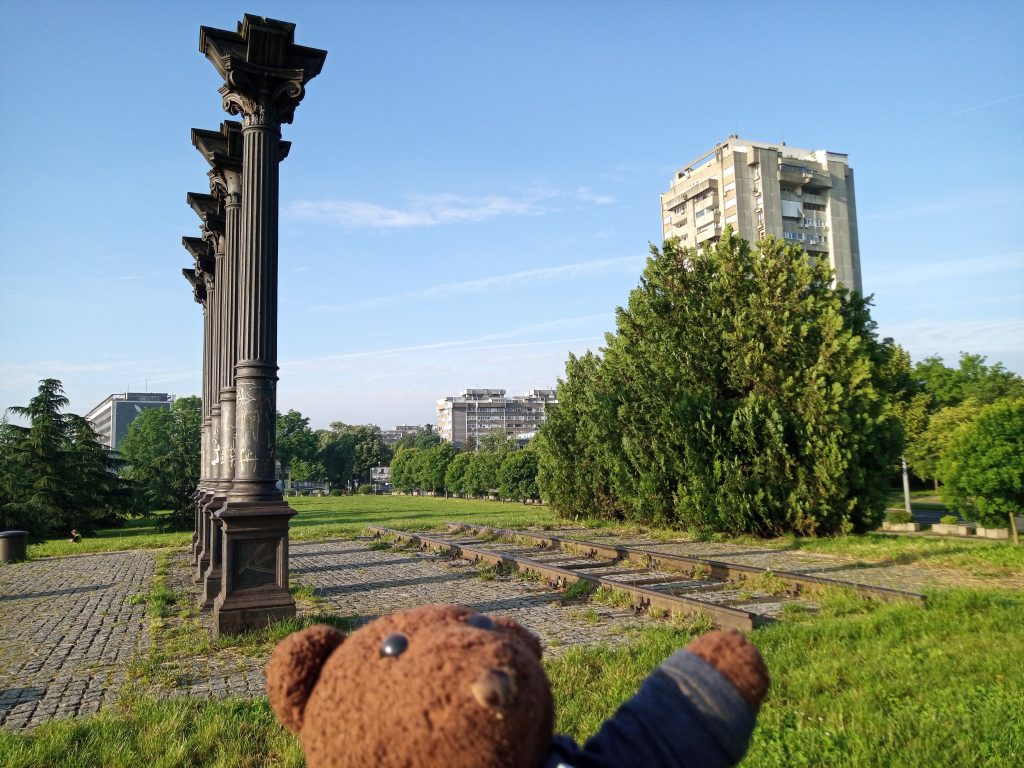 Bearsac in foreground of the railway memorial.