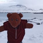 Bearsac the teddy bear in foreground of snowy land and sea