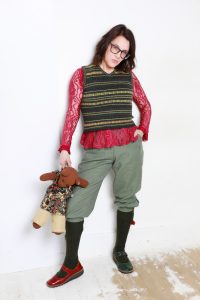 Debra wearing breeks and holding Bearsac