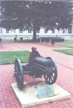 Teddy bear Bearsac sitting on cannon
