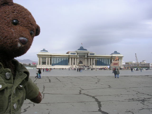 Bearsac beside dull looking Sukhbaatar Square
