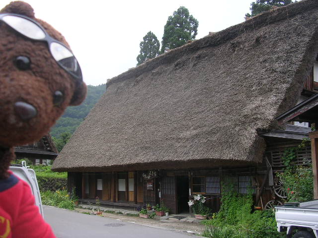 Bearsac outside grass roofed house