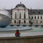 Bearsac sitting on fountain wall outside Grassalkovich Palace