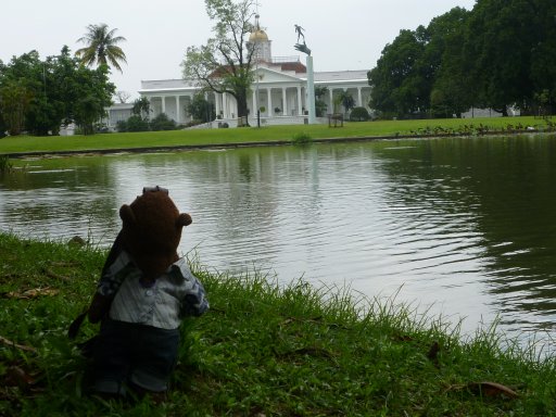 Bearsac by the pond in foreground of Bogor Palace
