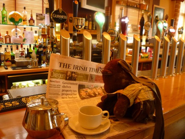 Bearsac sitting on a pub bar, reading the Irish Times
