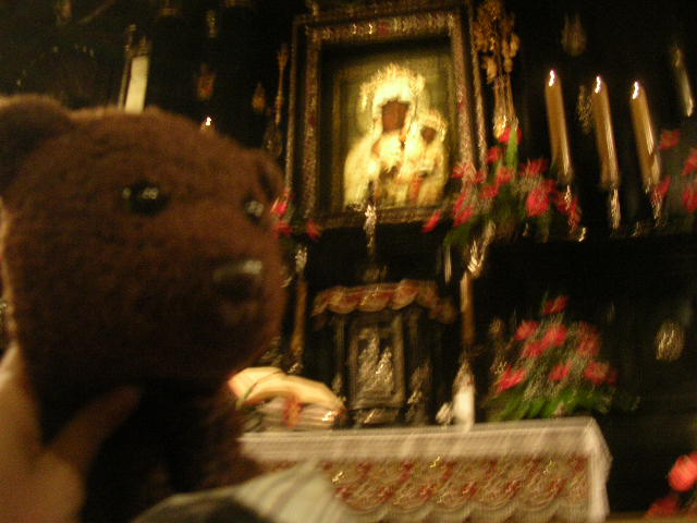 Bearsac in foreground of The Black Madonna painting