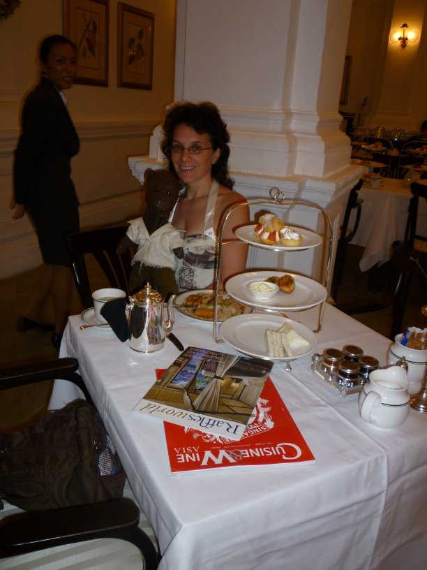 Debra and Bearsac having High Tea in Raffles Hotel.