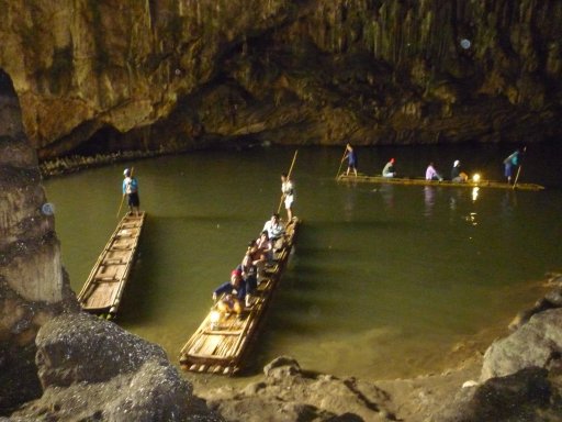 Rafts in a watery cave.