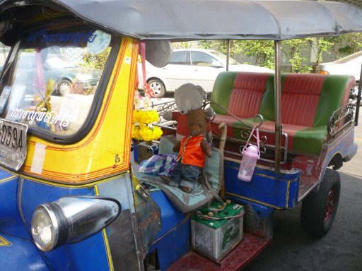 Bearsac sitting in a rickshaw