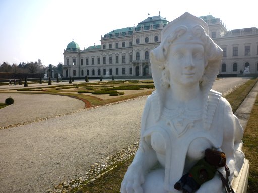 Bearsac licking breast of statue outside Belvedere House