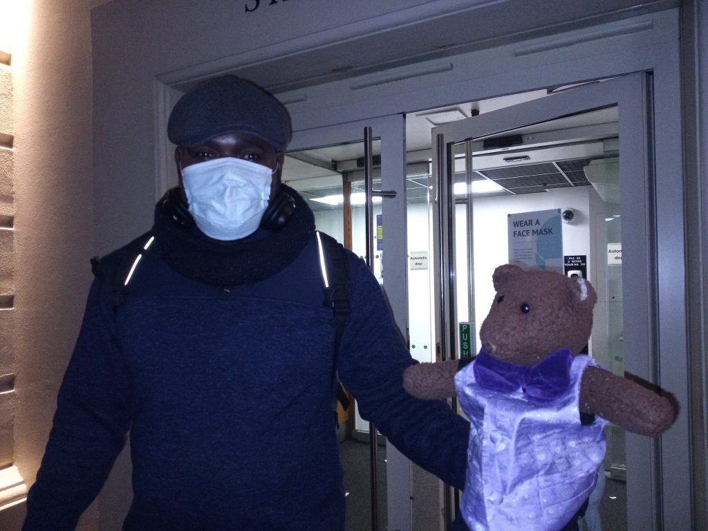 Blasie Malaba holding Bearsac