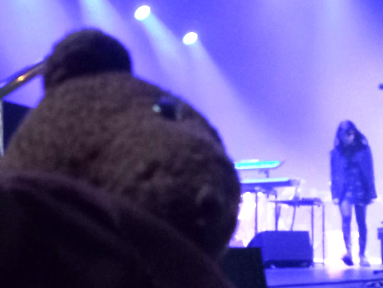 Bearsac in forground of komal on stage