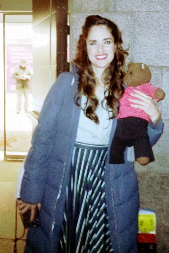 Elena Sancho Pereg holding Bearsac outside Teatro Real