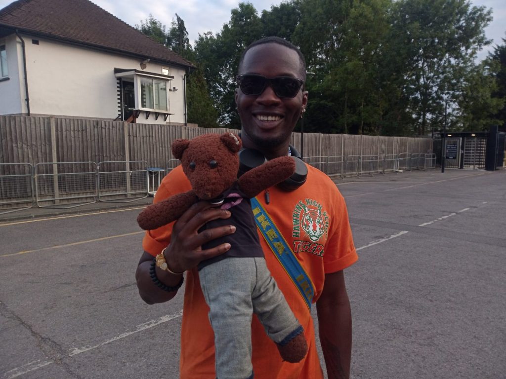 Ashley Byam holding teddy bear, Bearsac