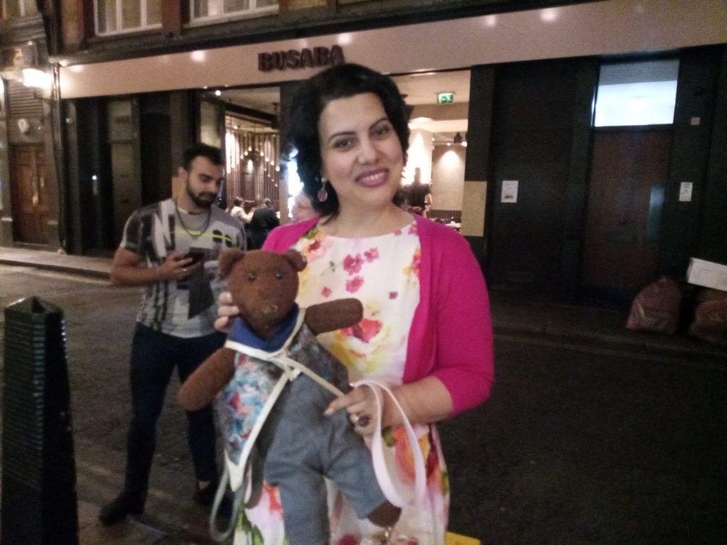 Hrachuhí Bassénz holding teddy bear, Bearsac