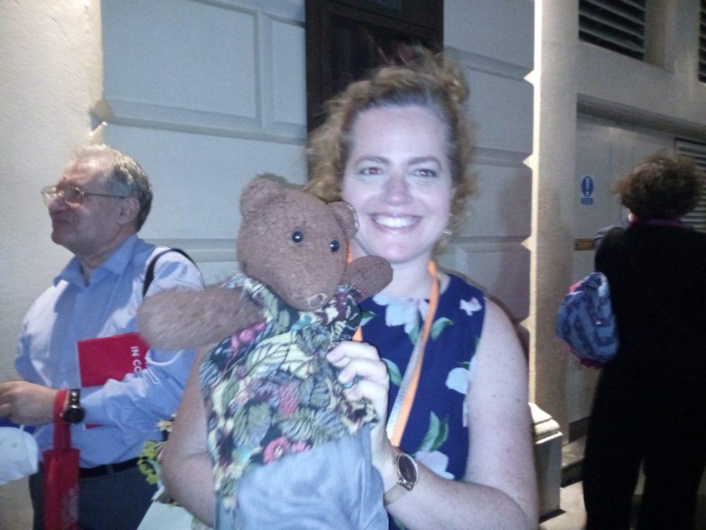 Speranza Scappucci holding teddy bear, Bearsac