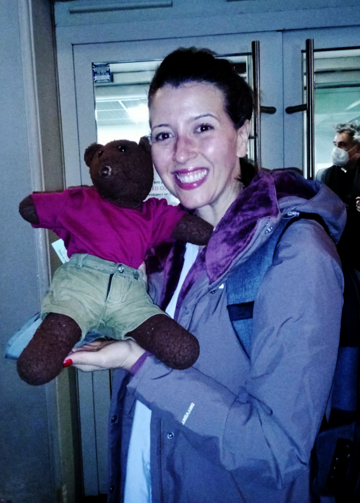 Lisette Oropesa holding Beasac the teddy bear'
