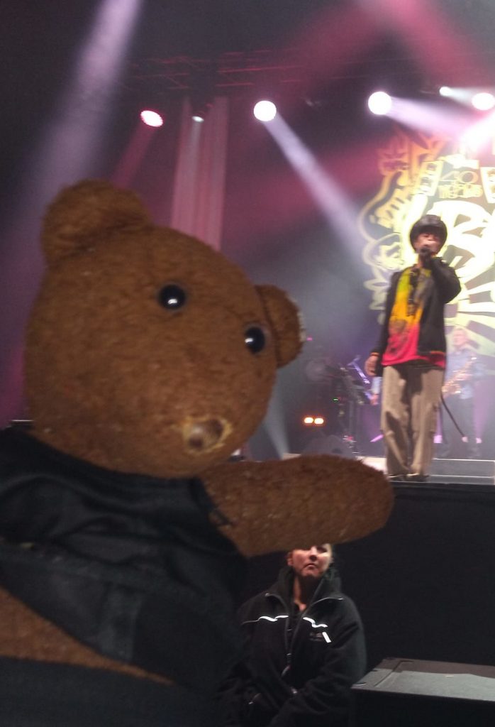 Pablo Rider on stage with Bearsac in foreground.