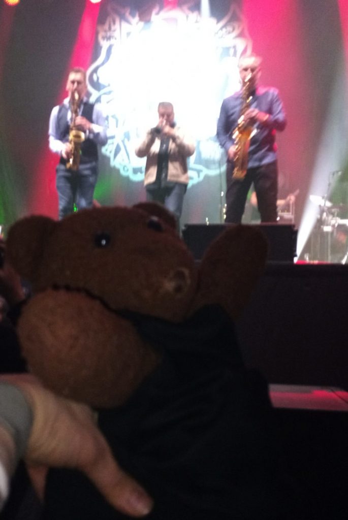 UB40 brass musicians with Bearsac in foreground.