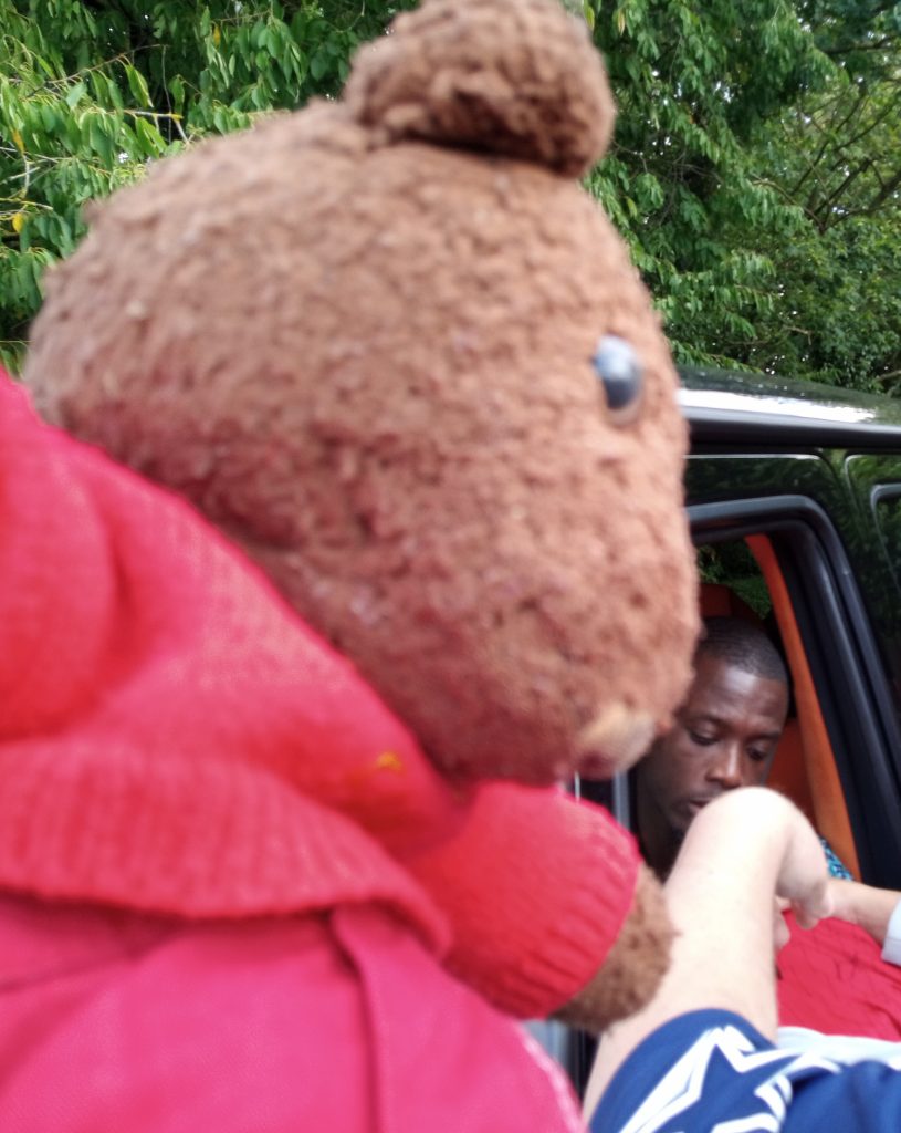 Teddy bear, Bearsac in forground. Nicolas Pepe in background in car