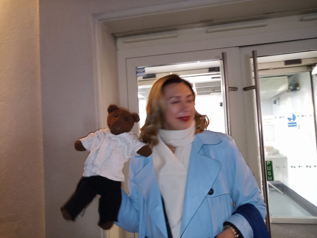 Anna Princeva holding Bearsac the teddy bear.
