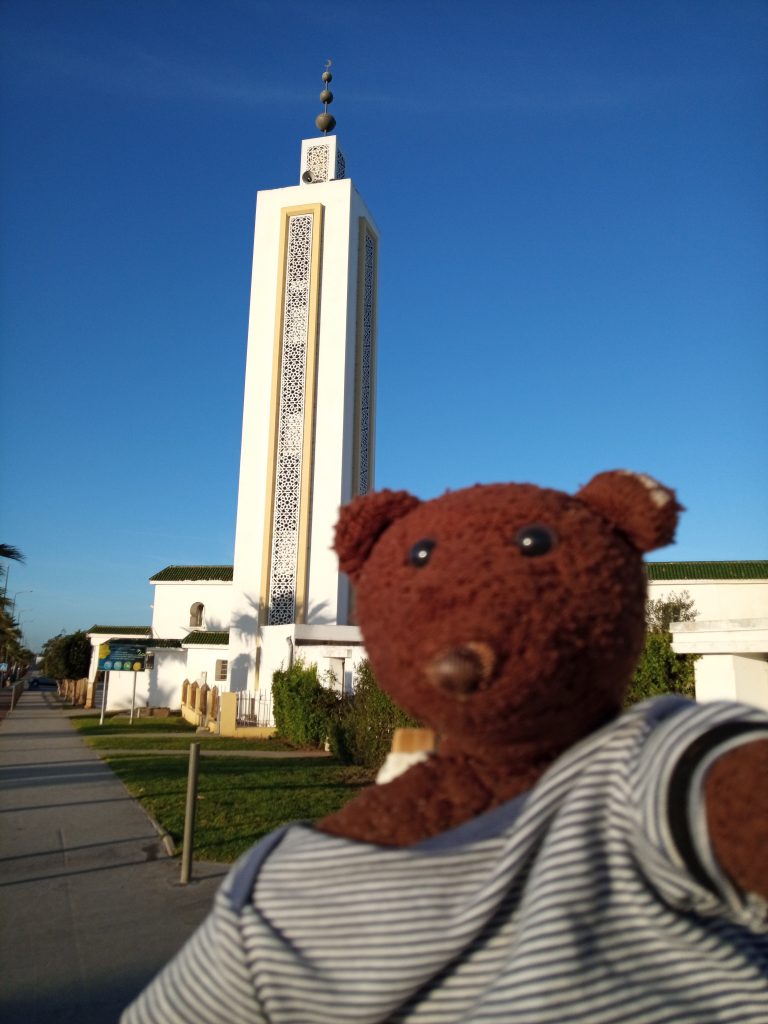 Bearsac the teddy bear in the foreground of Harhoura Mosque.