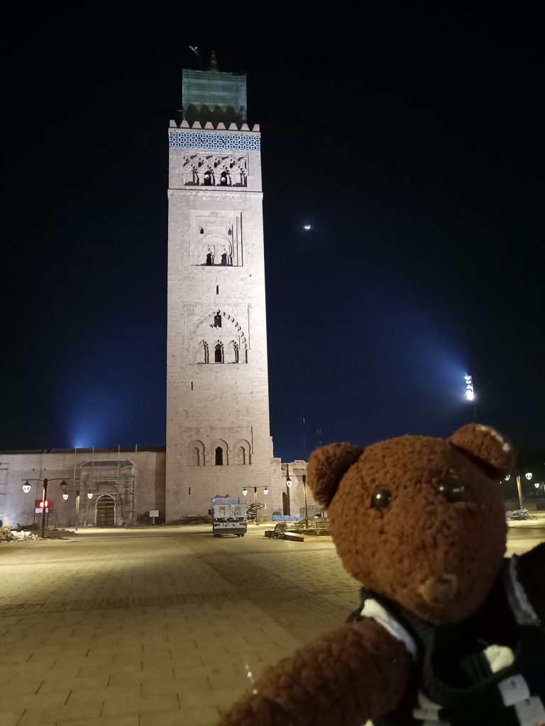 Bearsac the teddy bear in forground of Koutoubia Mosque