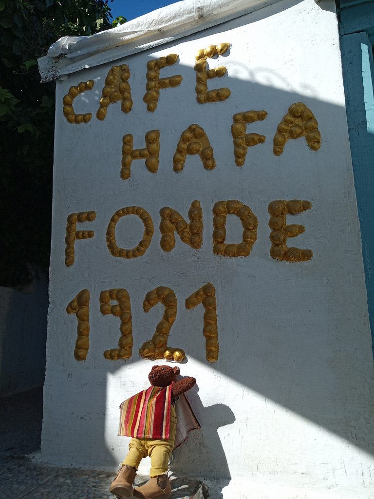 Bearsac the teddy bear in the wall of Cafe Hafa