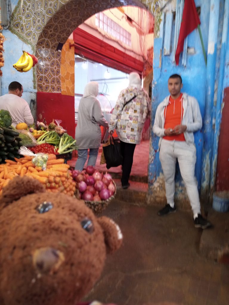 Bearsac the teddy bear in the foreground of a colourful market hallway