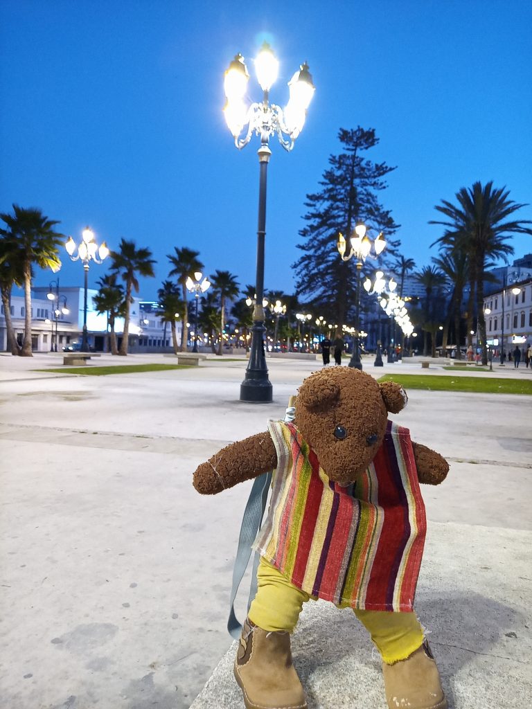 Bearsac the teddy bear in the foreground of a nightscene pedestrian road.