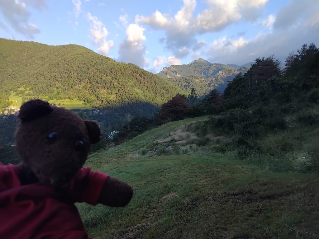 Teddy bear Bearsac in the foreground of a mountain view
