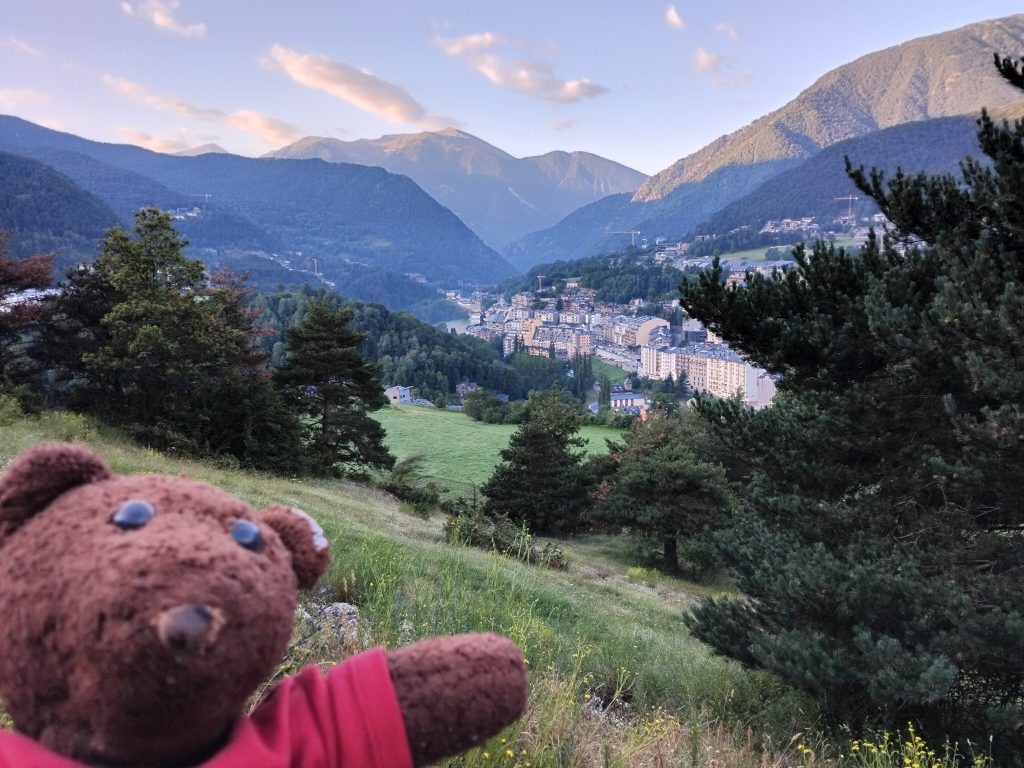 Teddy bear Bearsac in the foreground of a mountain view with the city in the valley.