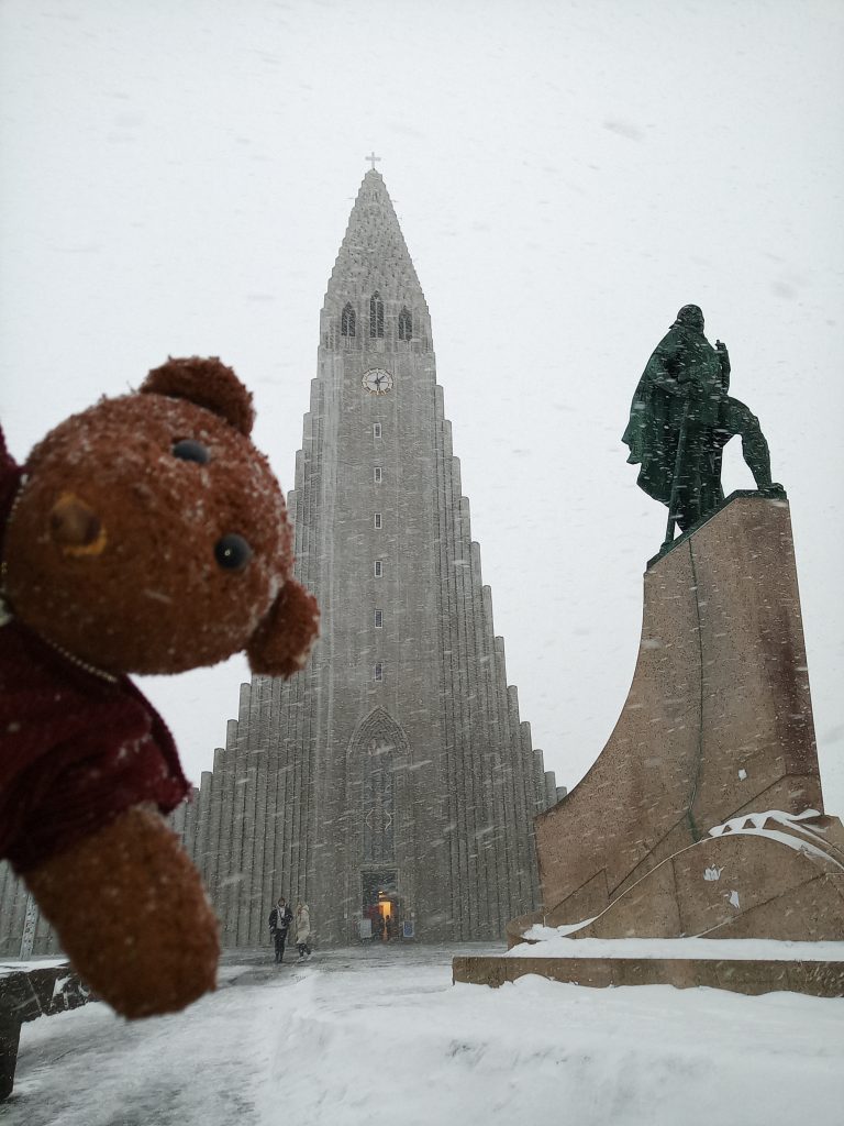 Teddy bear Bearsac in forground of Lutheran Church of Iceland