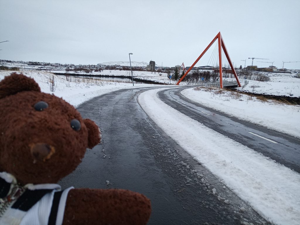 Teddy bear Bearsac in forground of Red Pyramid Briges