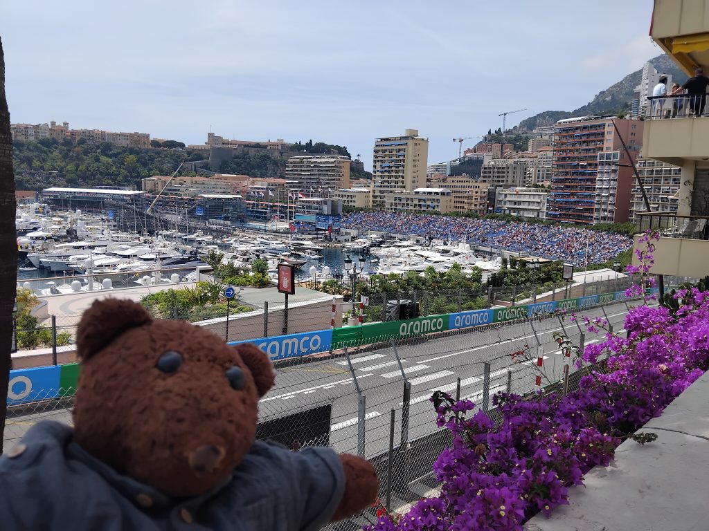 Teddy bear Bearsac in the foreground of the ace track and port