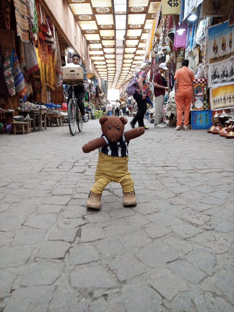 Teddy bear Bearsac standing on the path of a Souk